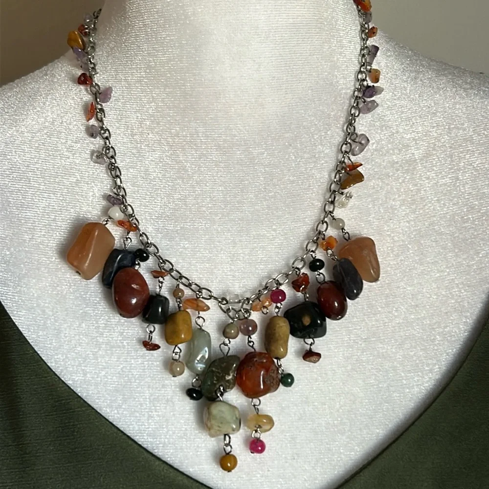 Handcrafted Multi Gemstone Bead Confetti Chandelier Drop Silver Tone Necklace